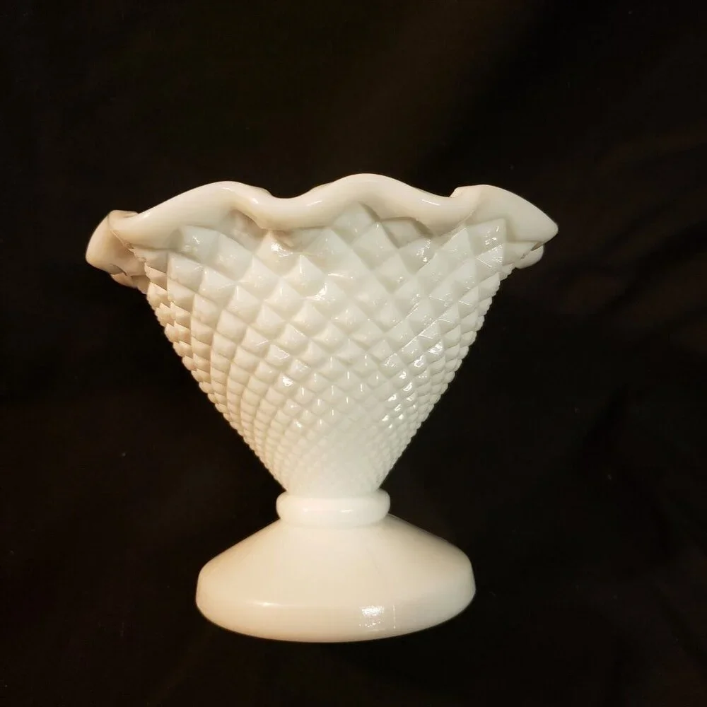 Vintage Milk Glass Diamond‎ Point Hobnail Vase Bowl Candy Dish Mid Century 4.5